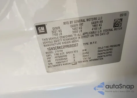 2015 Chevrolet Tahoe Lt из США, поврежденный, VIN 1GNSCBKC2FR680367